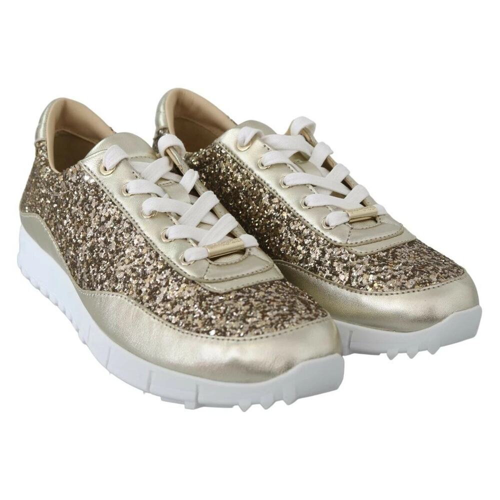 NWB Jimmy Choo Monza Glittered Metallic Leather Sneakers Gold Womens Size 34.5